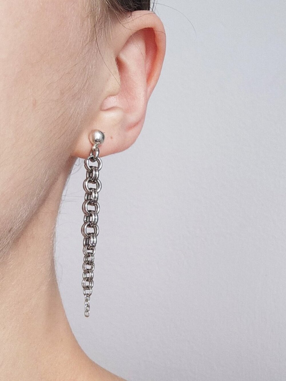 Gothic Medieval chainmail style long dangly spike silver earrings